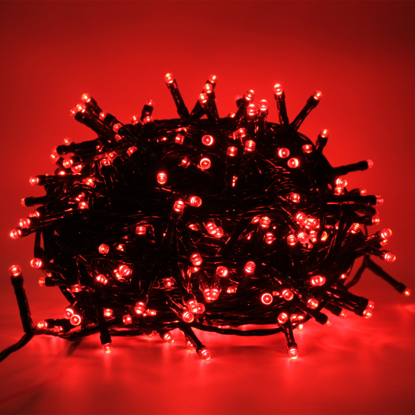 Luccika Home stringa catena 5 mt serie da 100 luci per albero di Natale a led rosso 31V cavo verde con 8 giochi di luce e memoria IP44 per uso esterno interno